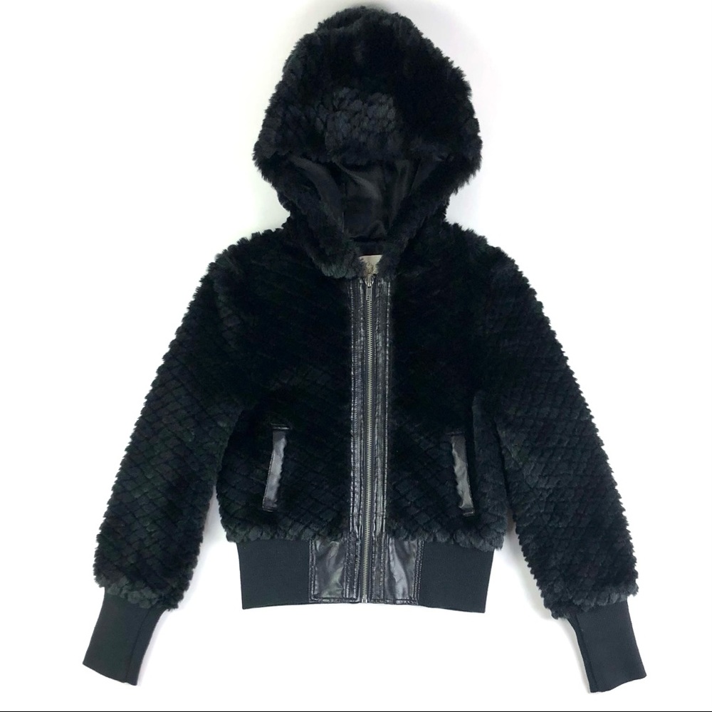 Arden B. Black Faux Fur Hooded Bomber Jacket